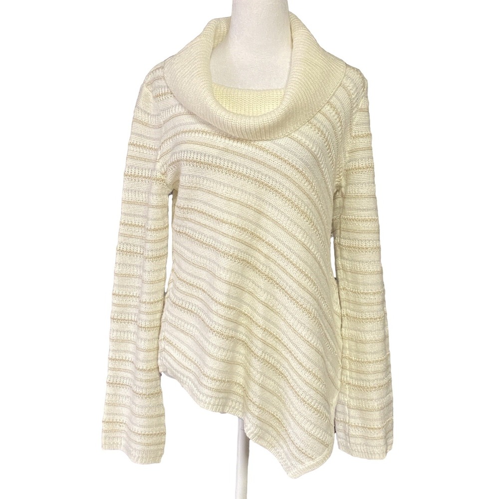 White House Black Market Sweater Womens M White Metallic Stripe Cowl Neck Knit